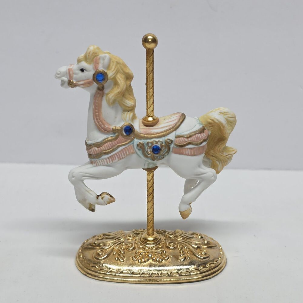 VTG Scarborough Fair Porcelain Carousel Horse 24k Gold Plated Base Rhinestones